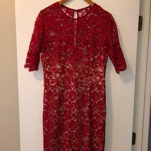 Worn ONCE-Red lace dress, tan underlay.